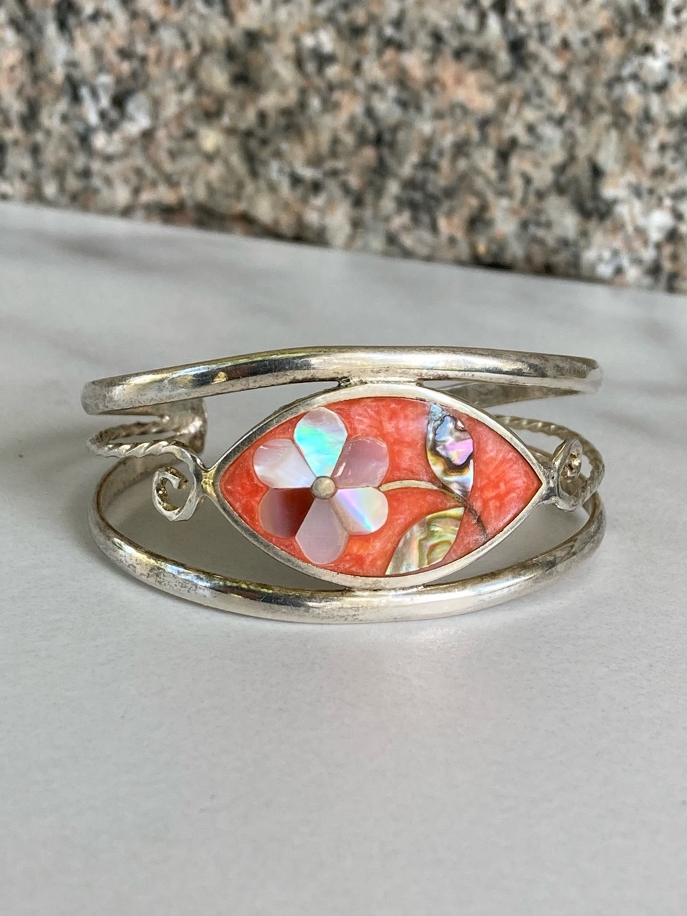 Small Size Mother of Pearl Inlay Coral Cuff Bracelet with White Flower Accent